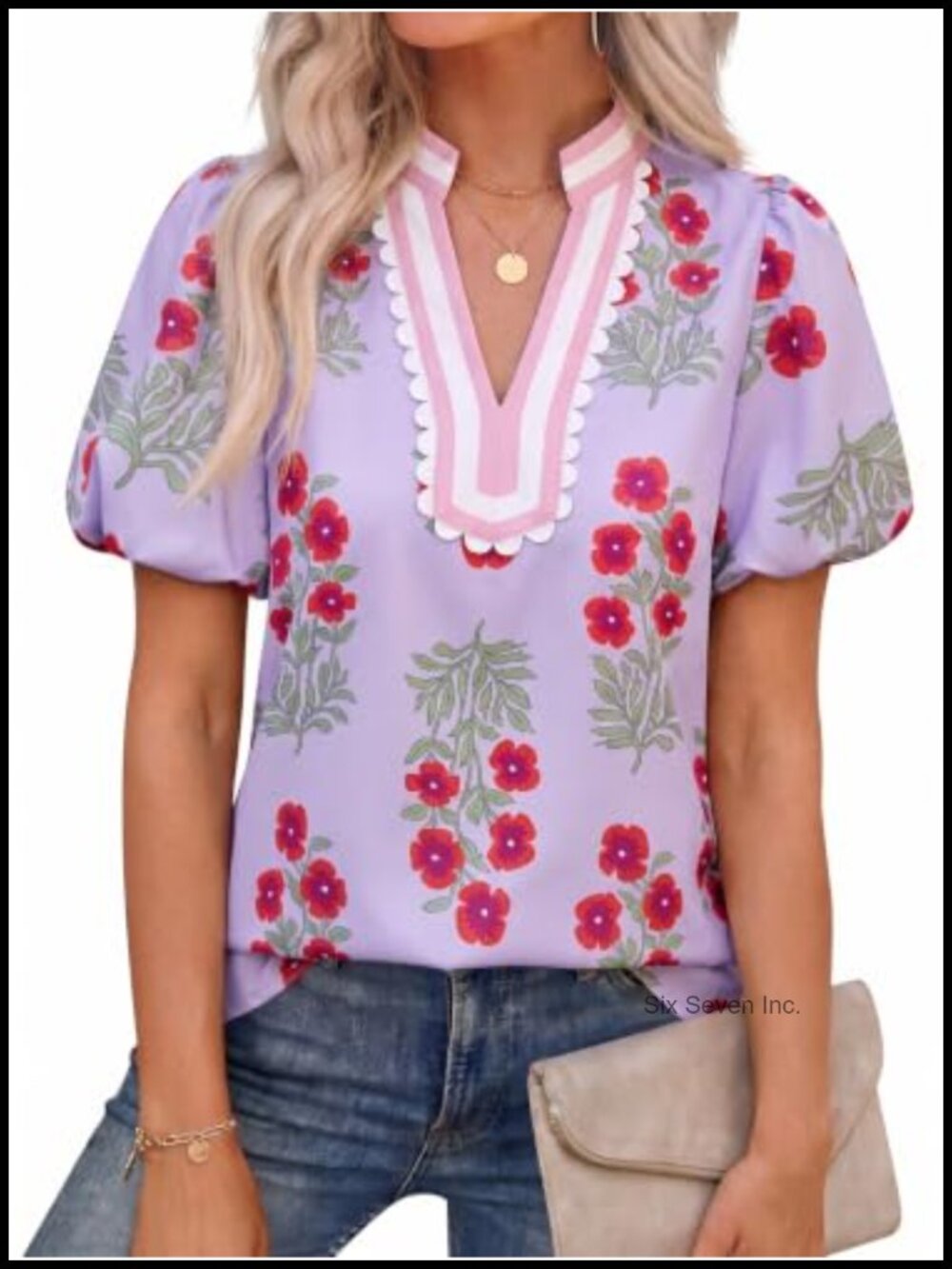 Floral Print Puff Sleeve V Neck Casual Blouse